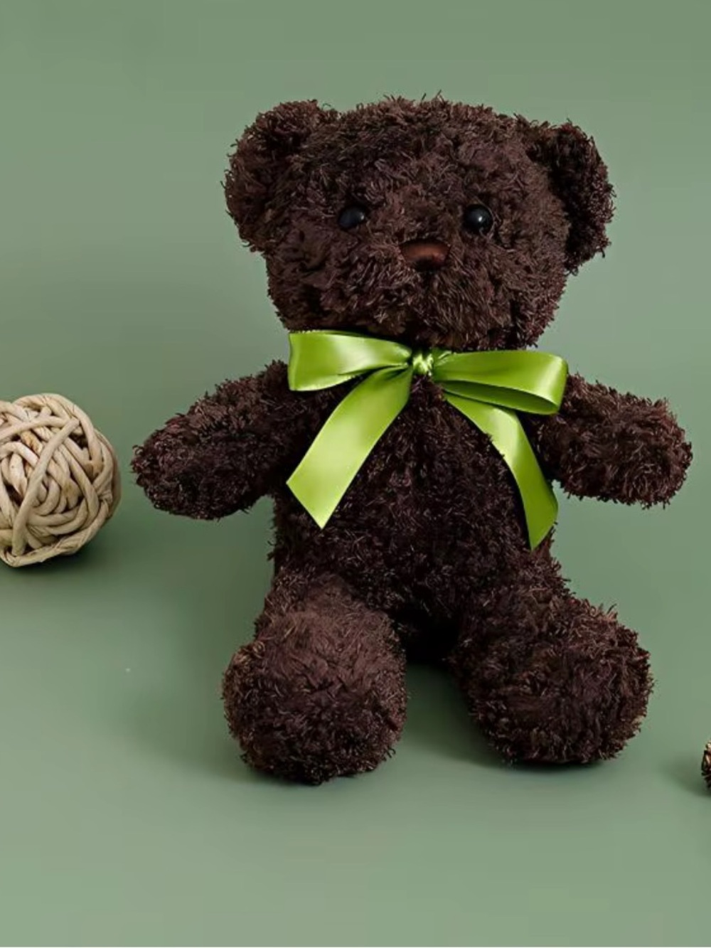 Brown Plush Teddy Bear with Green Ribbon